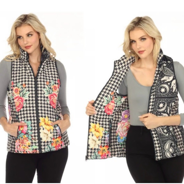 New Johnny Was Sasha Vest Reversible Puffer Houndstooth Floral Black White Sz M